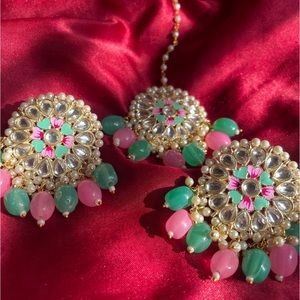 Pink and Turquoise Earrings with Tikka